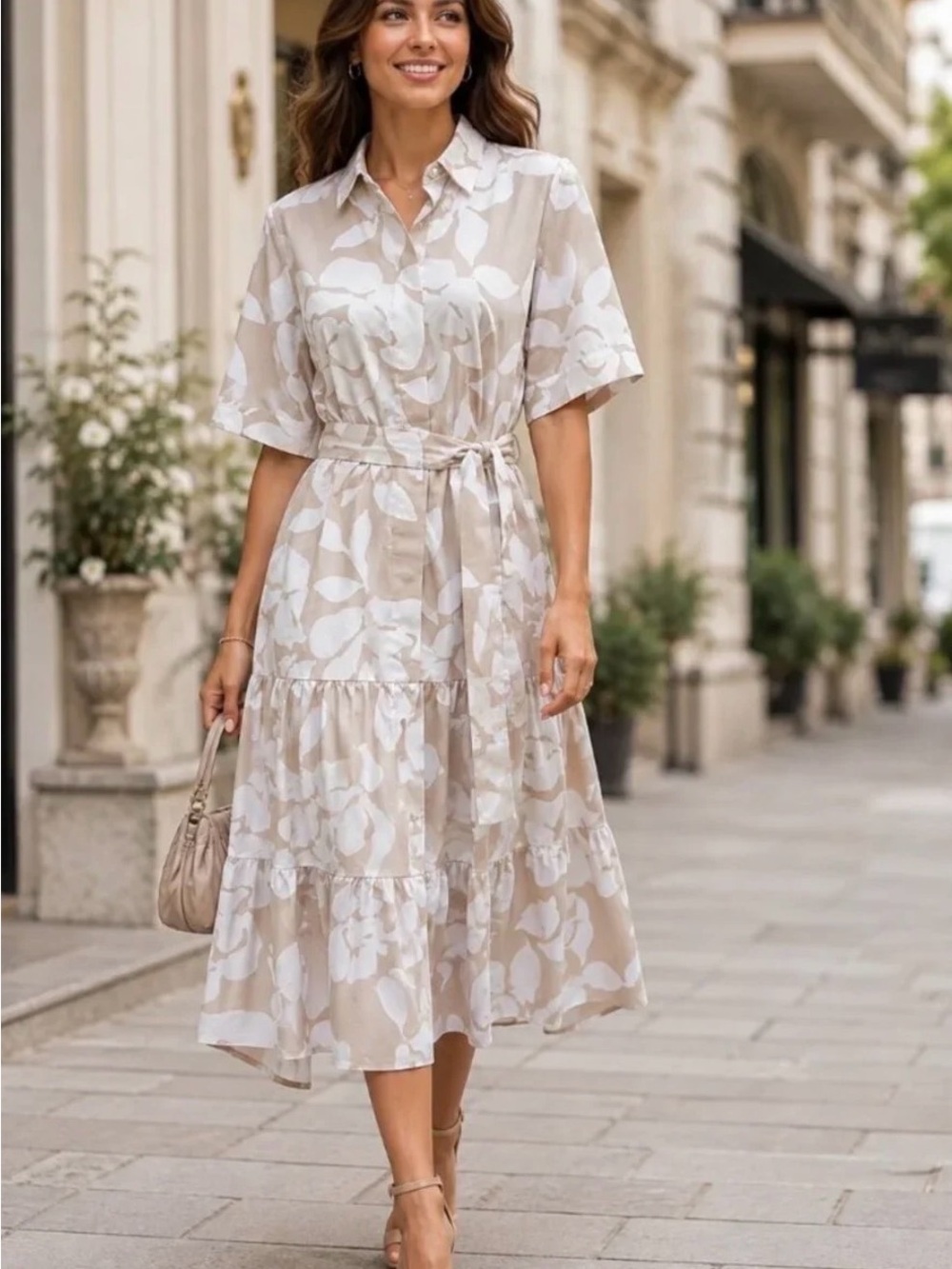 Calvin Klein Beige & White Floral Midi Shirt Dress